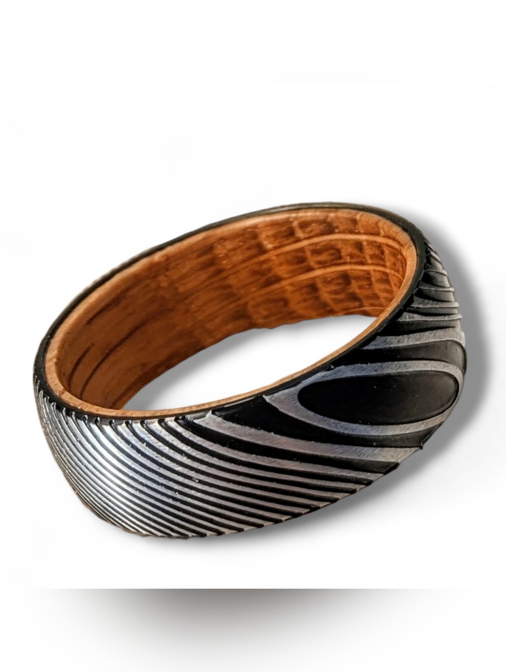 8MM Damascus Steel & Whiskey Barrel Mens Ring Band Size 11.5